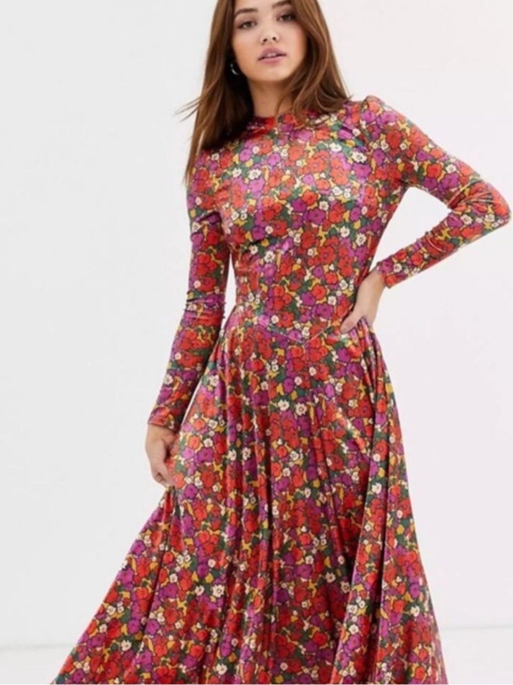 Free People Heartland Velvet Floral Dress - Red Multi